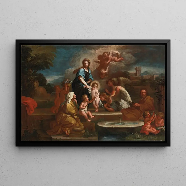Holy Family with Angels in a Landscape - Luigi Garzi — framed artwork on a wall