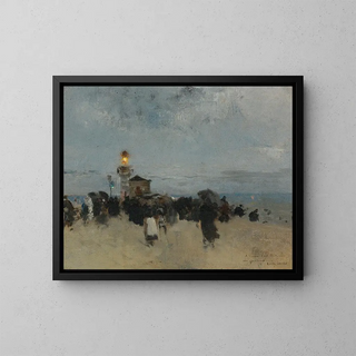 Figures near a lighthouse - Luigi Loir — framed artwork on a wall