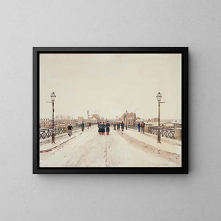 Figures sur un pont dans la neige - Luigi Loir — framed artwork on a wall