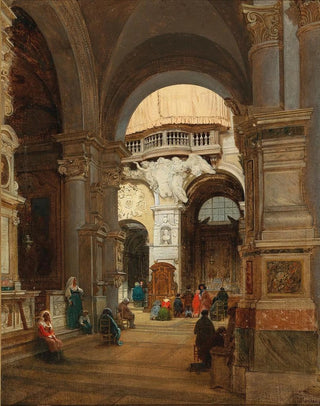 Luigi Marchesi - Rome a Scene in the Church of Santa Maria del Popolo in the Background the Organ Gallery with the Coat of Arms of Giulio II della Rovere.webp