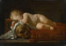 Scene of vanity with a sleeping child on a red velvet cushion, an hourglass, and a skull - Luigi Miradori — artwork view