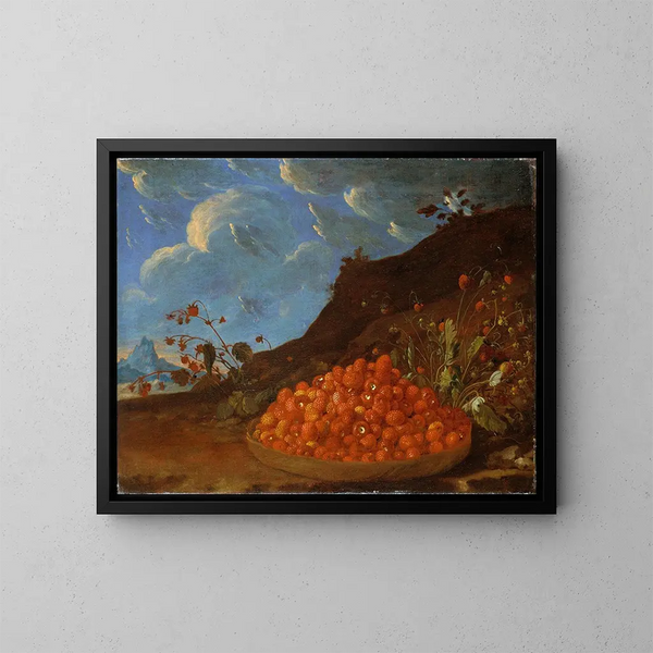 Basket of wild strawberries in a landscape - Luis Meléndez — framed artwork on a wall