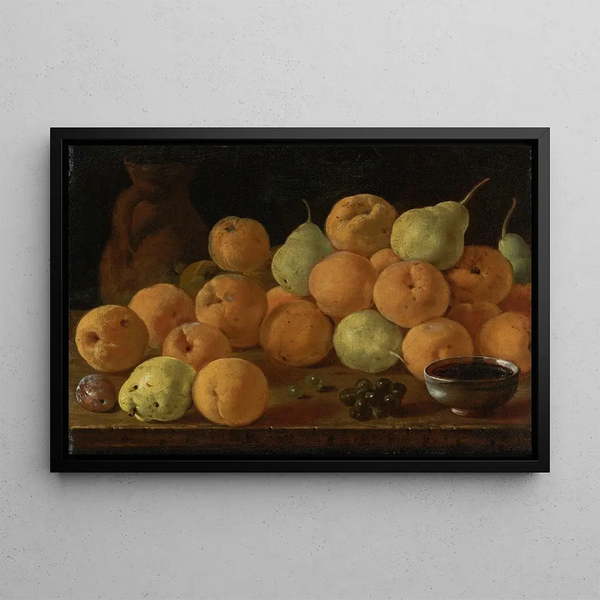 Still life with peaches, pears, and grapes - Luis Meléndez — framed artwork on a wall