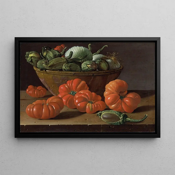 Nature morte with tomatoes, a bowl of eggplants, and onions - Luis Meléndez — framed artwork on a wall