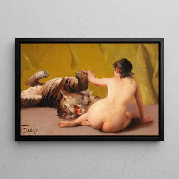Playing with the tiger - Luis Ricardo Falero — framed artwork on a wall