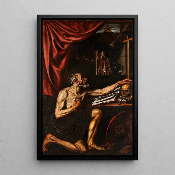 Saint Jerome Penitence in His Study - Luis Tristán — framed artwork on a wall