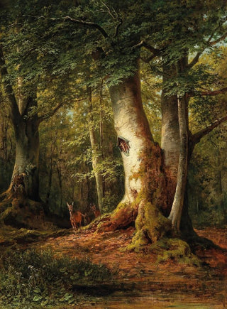 Luitpold Faustner - Woodland Scene with Roe Deer.webp