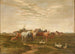 Landscape painting with horses and a cart in a field near a farm - Luplau Janssen — artwork view