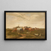 Landscape painting with horses and a cart in a field near a farm - Luplau Janssen — framed artwork on a wall