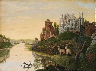 Landscape painting with castles and deer - M A Hall — artwork view