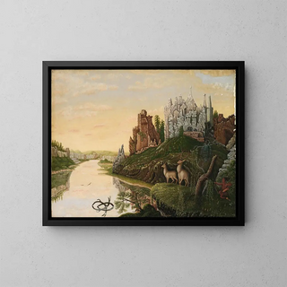 Landscape painting with castles and deer - M A Hall — framed artwork on a wall