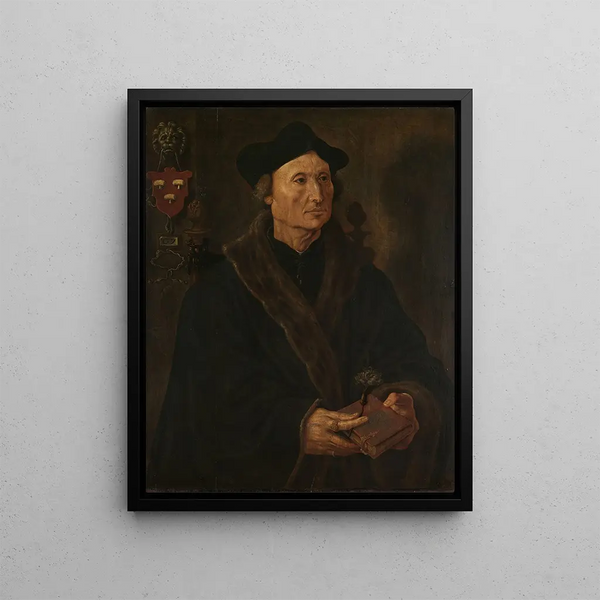 Portrait painting of Johannes Colmannus, abbot of the Sainte-Agathe convent in Delft - Maarten van Heemskerck — framed artwork on a wall