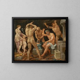 Venus and Cupid in Vulcan's workshop - Maarten van Heemskerck — framed artwork on a wall