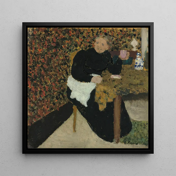 Madame Vuillard with a pink cup - Édouard Vuillard — framed artwork on a wall