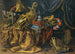 Parade armor pieces painting: a feathered helmet, a pistol in a case, a gilded ewer, a silver incense burner, a jewelry box, a trumpet, and a flag on a cassone - Madeleine de Boulogne — artwork view