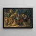 Parade armor pieces painting: a feathered helmet, a pistol in a case, a gilded ewer, a silver incense burner, a jewelry box, a trumpet, and a flag on a cassone - Madeleine de Boulogne — framed artwork on a wall