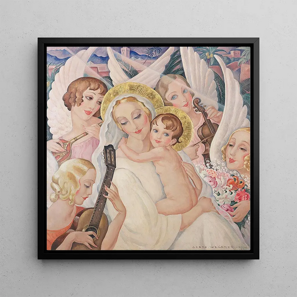 Madone with child surrounded by musical angels - Gerda Wegener — framed artwork on a wall