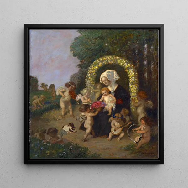 Madonna with Child in a Garland of Flowers - Adolf Hengeler — framed artwork on a wall