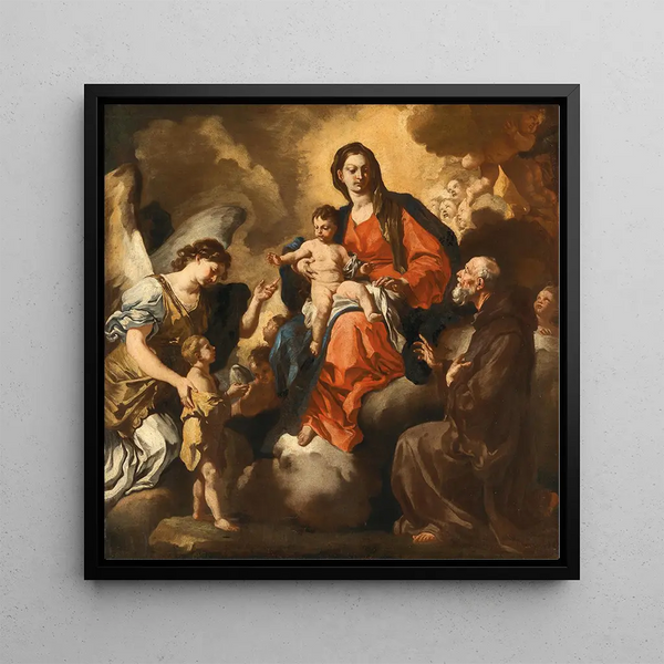 Madonna and Child with Saint Francis of Paola and Archangel Raphael - Neapolitan School — framed artwork on a wall