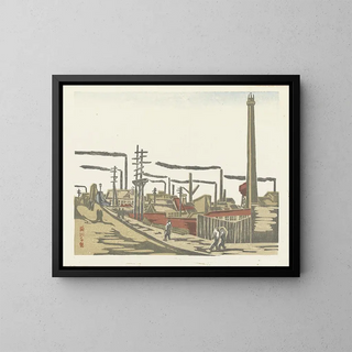 Quartier industriel de Honjo de la série Souvenirs de Tokyo - Maekawa Senpan — framed artwork on a wall