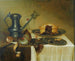 Nature morte avec un pichet, un citron, une tarte et une tasse nautilus sur un rebord en bois - Maerten Boelema de Stomme — artwork view