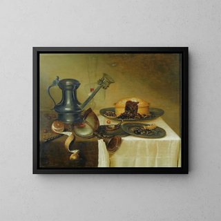Nature morte avec un pichet, un citron, une tarte et une tasse nautilus sur un rebord en bois - Maerten Boelema de Stomme — framed artwork on a wall