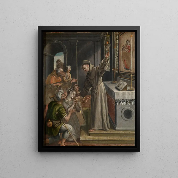 Saint Didaque heals the sick - Maerten de Vos — framed artwork on a wall