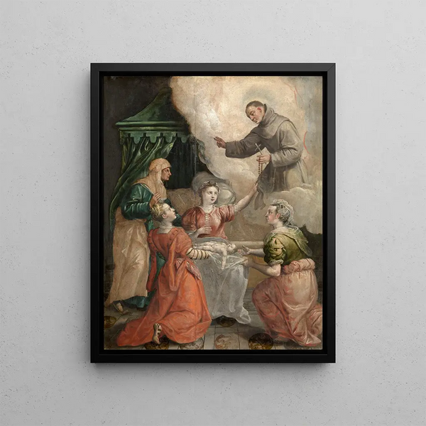 Saint Didacus Helps with a Difficult Birth – Maerten de Vos — framed art print on a wall