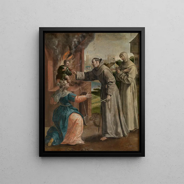 Saint Didaque saves a boy from the oven - Maerten de Vos — framed artwork on a wall