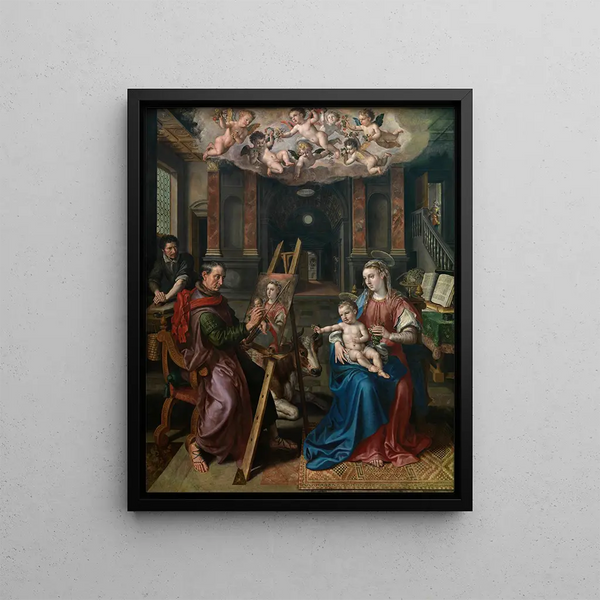 Saint Luke painting the Virgin - Maerten de Vos — framed artwork on a wall