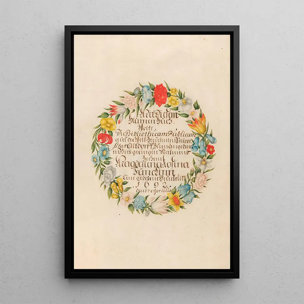 Dedication page with date - Magdalena Rosina Funck — framed artwork on a wall