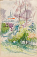 Sketch of landscape with bushes, trees and tower - Magnus Enckell — artwork view