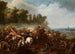Cavalry skirmish painting in a vast landscape with a village in the distance - in the style of Adam Frans van der Meulen — artwork view