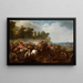 Cavalry skirmish painting in a vast landscape with a village in the distance - in the style of Adam Frans van der Meulen — framed artwork on a wall