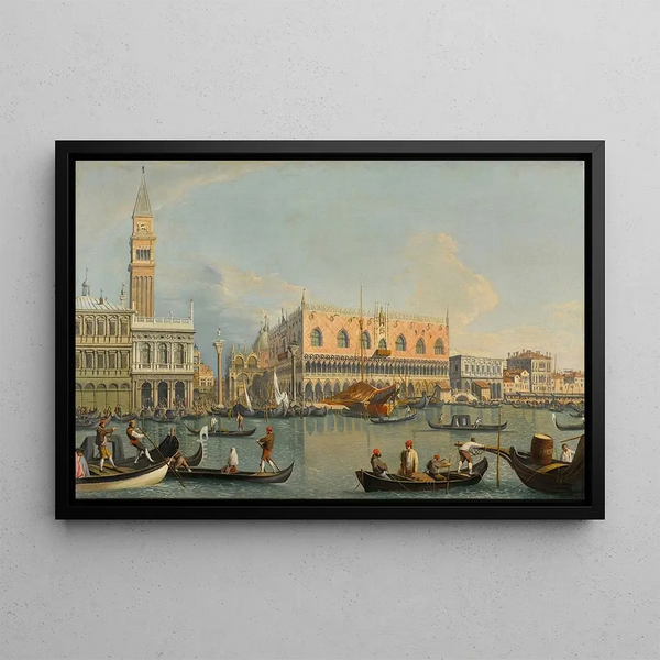 Venice painting, view of the Molo from the Bacino di San Marco with the Zecca and the Doge's Palace - Canaletto manner — framed artwork on a wall