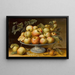 Still life with apples on a majolica tazza with medlars and white currants - Style of Fede Galizia — framed artwork on a wall