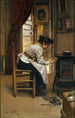 Near the Fire - Manuel Cusí y Ferret — framed artwork on a wall