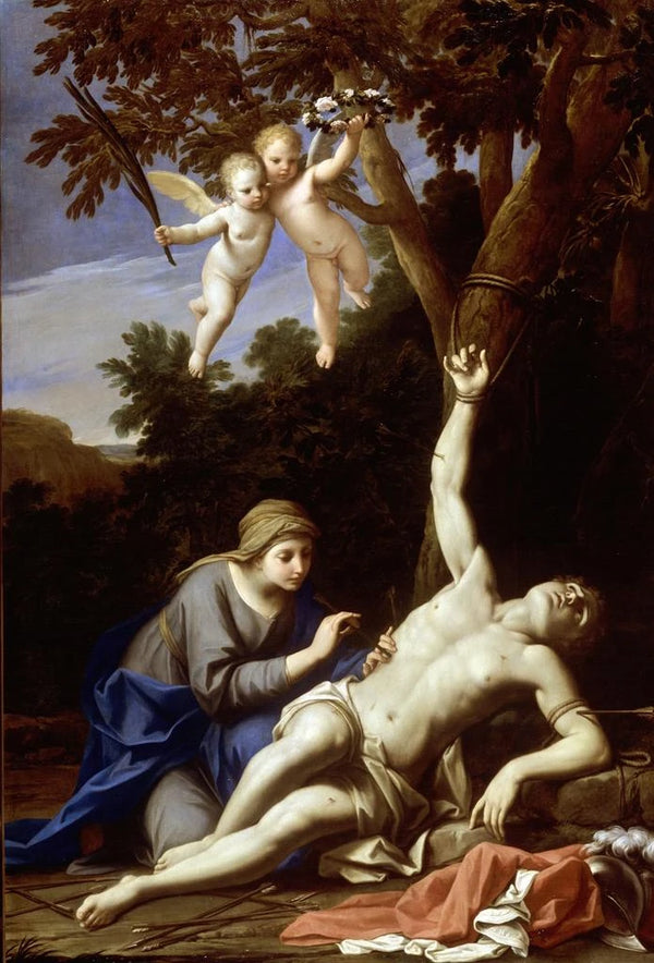 Saint Sebastian cared for by Irene - Marcantonio Franceschini — framed artwork on a wall