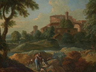 Landscape with Soldiers and Dogs near a River, a City in the Distance - Marcantonio Sardi — artwork view