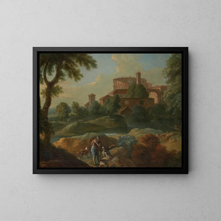 Landscape with Soldiers and Dogs near a River, a City in the Distance - Marcantonio Sardi — framed artwork on a wall