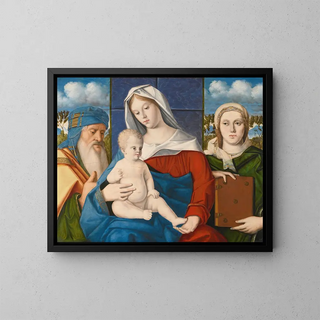 a Painting Une Sainte Conversation: La Vierge à l'Enfant avec Saint Siméon et une Sainte Femme - Marco Bello — framed artwork on a wall