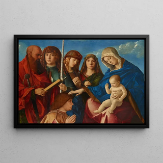 Virgin and Child Painting Blessing a Kneeling Donor with Four Saints - Marco Bello — framed artwork on a wall