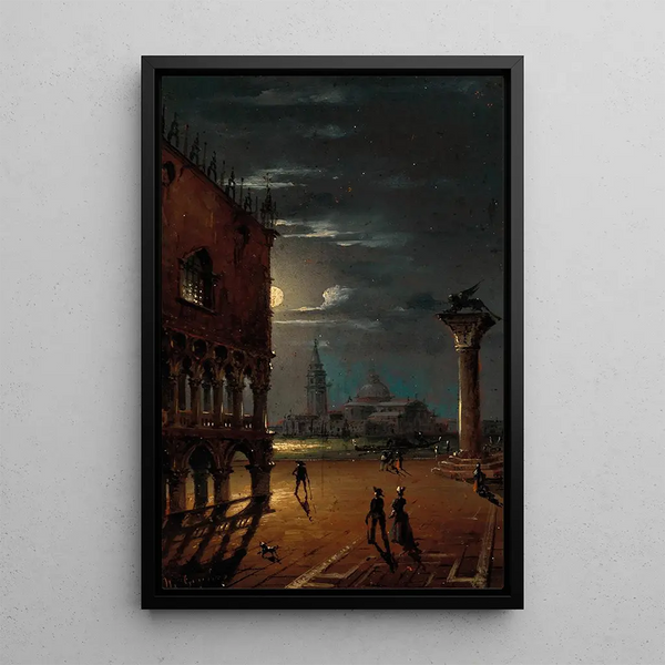 Venice painting, moonlit night with view of the Doge's Palace and San Giorgio Maggiore - Marco Grubas — framed artwork on a wall