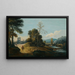 River landscape painting with figures on a path, a city in the distance - Marco Ricci — framed artwork on a wall