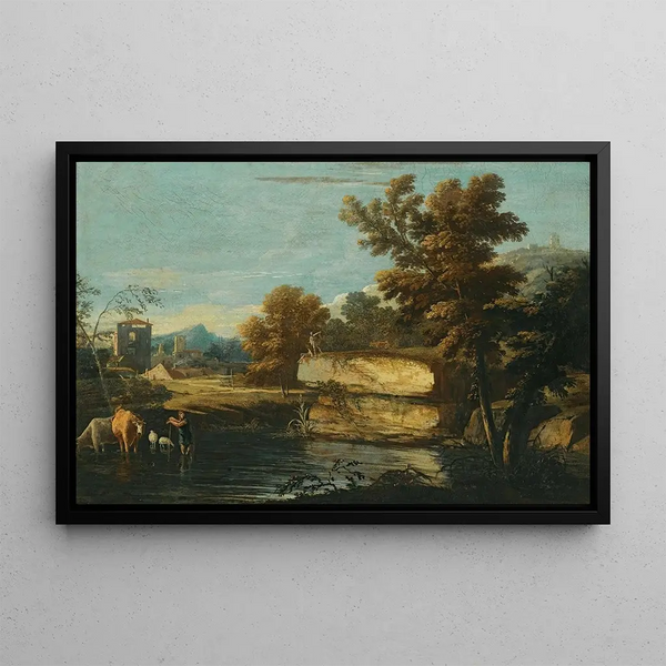 A lakeside landscape with a shepherd and his animals resting near the water, a city beyond - Marco Ricci — framed artwork on a wall