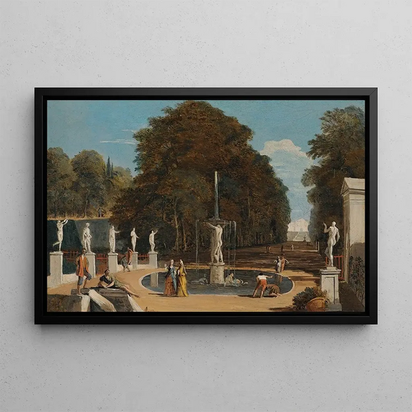A landscape with characters conversing in a park near a fountain - Marco Ricci — framed artwork on a wall