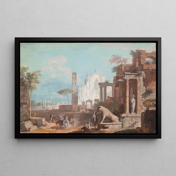 Un caprice avec une église gothique et des ruines antiques - Marco Ricci — framed artwork on a wall