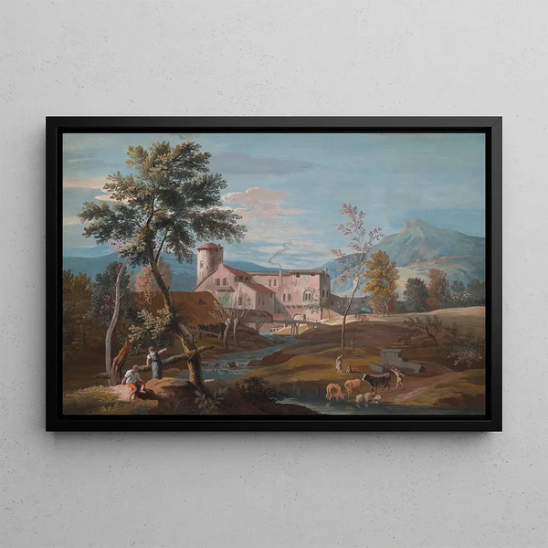 a man and a woman near a stream with a farm in the background - Marco Ricci — framed artwork on a wall