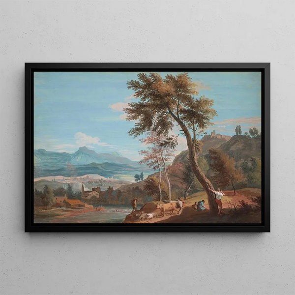 Peasants and Livestock near a River - Marco Ricci — framed artwork on a wall