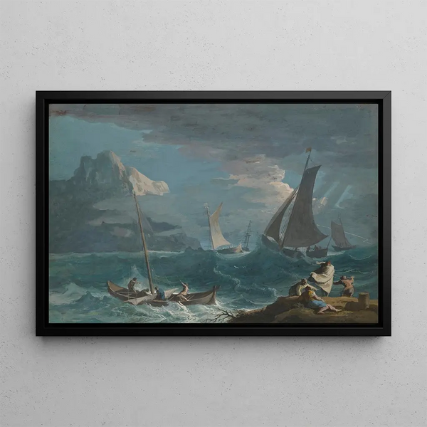 Bateaux de pêche dans une tempête - Marco Ricci — framed artwork on a wall
